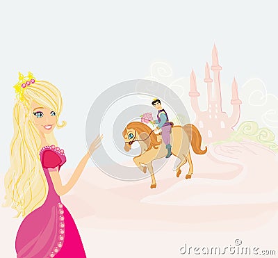 Prince riding a horse to the princess Cartoon Illustration