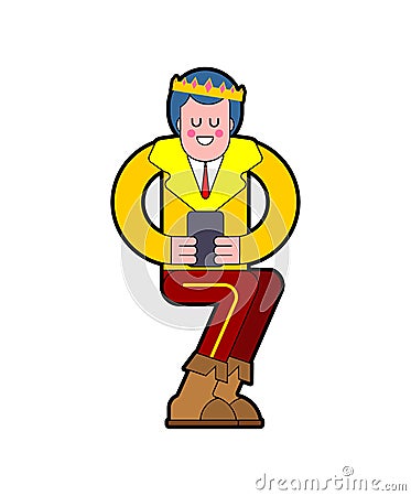 Prince sits isolated. Young King and Phone. Template for design Vector Illustration