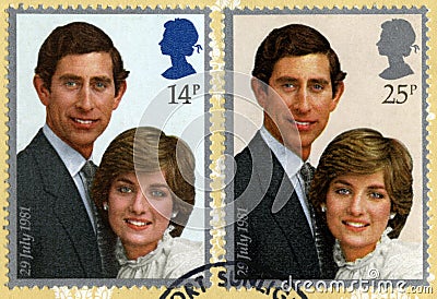 Princes Charles and Lady Diana Spencer Postmarked Postage Stamp Editorial Stock Photo