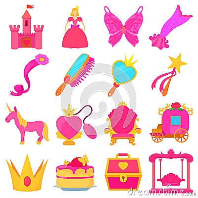 Princess accessories icons set, cartoon style Vector Illustration