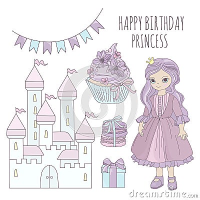 PRINCESS BIRTHDAY Fairy Tale Cartoon Vector Illustration Set Stock Photo