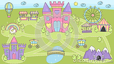 Princess castle play mat activity game for girls. Vector Illustration