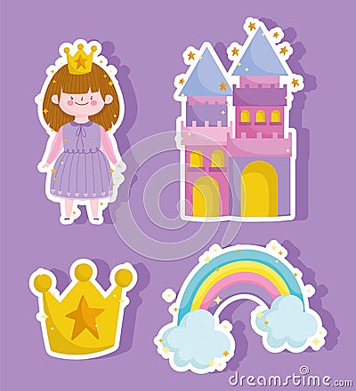 Princess castle rainbow and crown magic stickers icons Vector Illustration