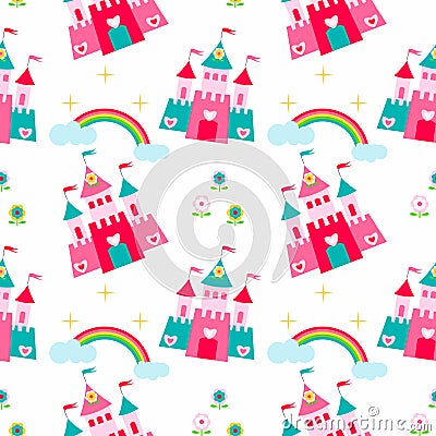 Princess castle seamless pattern with fairy tale Vector Illustration