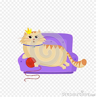 Princess cat lying on the sofa with red ball in paws and crown on head clip art Vector Illustration