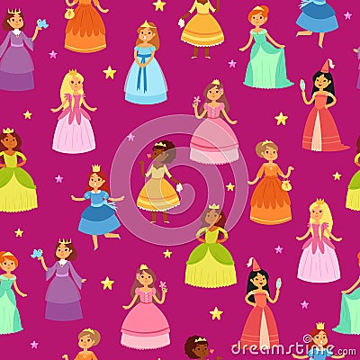 Princess child seamless pattern vector illustration, cartoon flat cute little girl characters of different races Vector Illustration