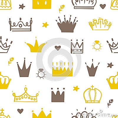 Princess crown seamless pattern. Crowns print, baby queen party background. Cute doodle nursery fabric print, royalty Vector Illustration