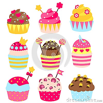 Princess cupcakes decorated with crown, hearts, candies, sweets. Bakery in pink, yellow colors. Birthday Party pastry food for gir Vector Illustration