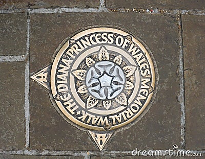 Princess Diana Memorial Walk in London, Metal plaque in pavement, top down view. Editorial Stock Photo