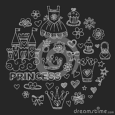 Princess Doodle icons For baby shower, toy shop Vector Illustration