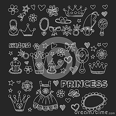 Princess Doodle icons For baby shower, toy shop Vector Illustration