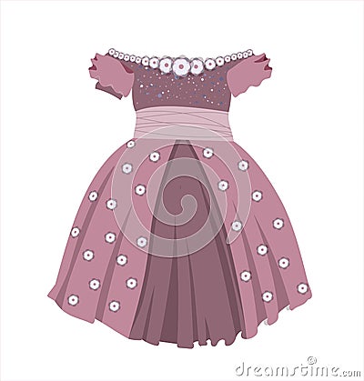 Princess dress isolated on white background. Children`s festive dress for girls. Nice elegant dress. Tulle lace clothing Vector Illustration