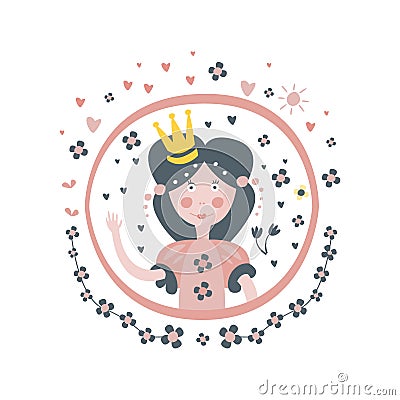 Princess Fairy Tale Character Girly Sticker In Round Frame Vector Illustration