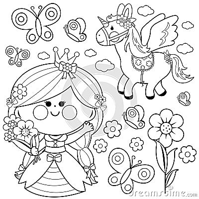 Beautiful princess with spring flowers and a unicorn. Vector black and white coloring page. Vector Illustration