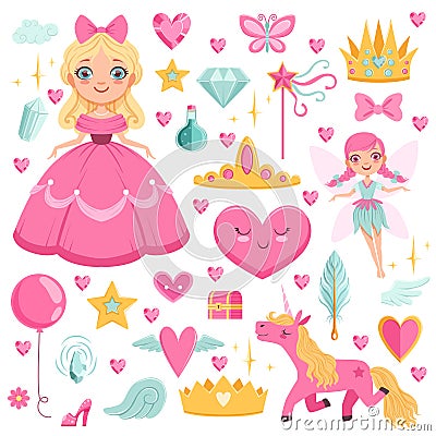 Princess with fairytale unicorn, wizard and their magic elements. Vector pictures set Vector Illustration