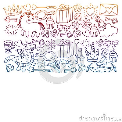 Princess and fantasy icon and and design element for invitation and greeting card. Vector Illustration