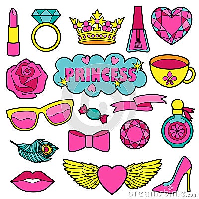 Princess Fashion Patches Set Vector Illustration