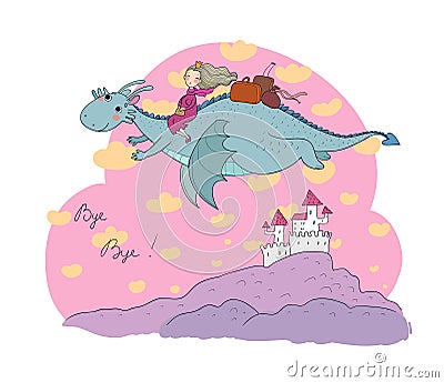 The princess is flying on a dragon. Queen and dinosaur. Vector Illustration