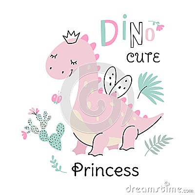 Princess girl dino card template. Cute dinosaur fairy, baby sweet graphic poster. Scandinavian style animal, shirt print Vector Illustration