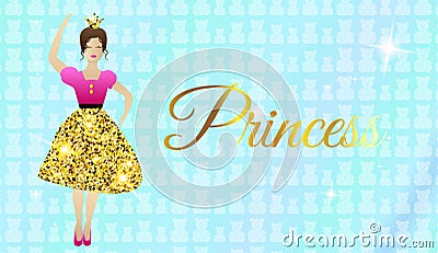 Princess Illustration Design with Dancing Fairy or Girl in Gold and Pink Dress and Blue Background Stock Photo