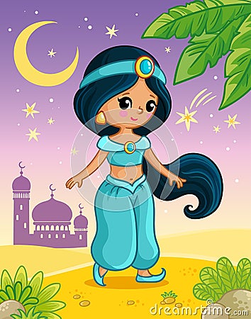 Princess Jasmine stands on the sand against the backdrop of the castle and the moonlit sky. Vector illustration Vector Illustration