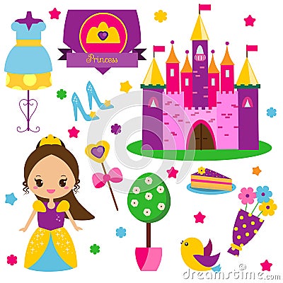 Princess kit. Stickers, clip art for girls. Castle, dress, shoes and other fairy symbols for kids games and cards Vector Illustration