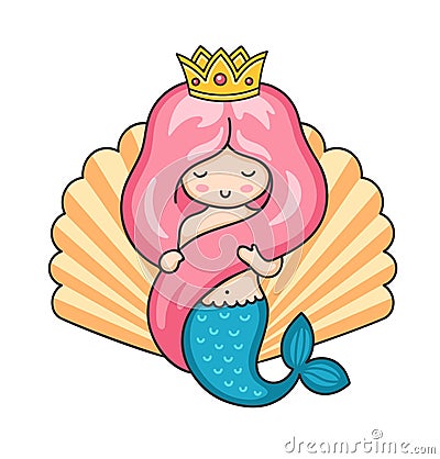 Princess mermaid on the background of a large seashell. Vector Illustration