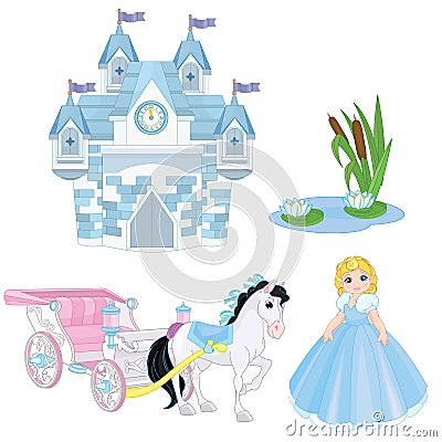 Princess, Palace and Fairytale pink carriage Vector Illustration