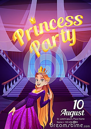 Princess party cartoon flyer with girl in crown Vector Illustration