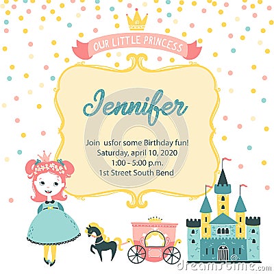 Princess party invitation. Cute greeting card banner until the birthday of a girl with a castle, a crown, a crown Vector Illustration