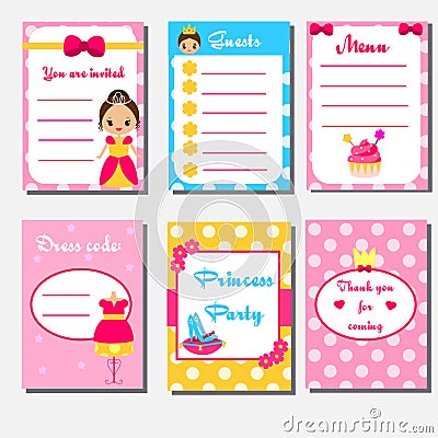 Princess party kids collection. Children girls party set design template. Menu, guest list, invitation Vector Illustration