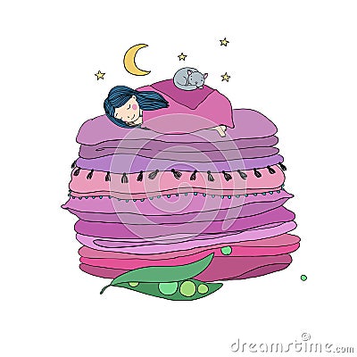 Princess on the Pea. Blankets and pillows. Vector Illustration