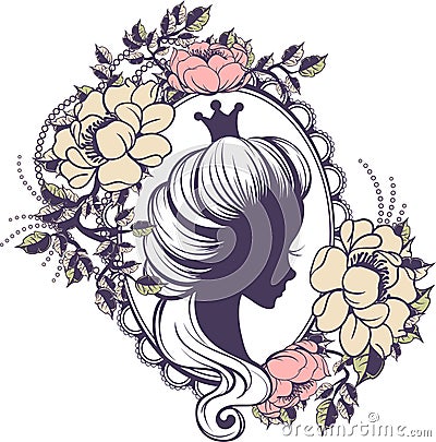 Princess portrait in floral frame Vector Illustration