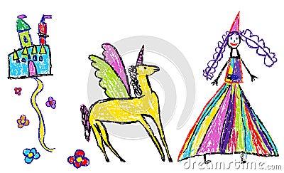 Princess or queen, castle, unicorn, pegasus, horse wings. Like kids hand drawn fairy kingdom outdoor background. Vector Illustration