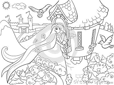 Princess Rapunzel in the stone tower coloring for children cartoon vector illustration Vector Illustration