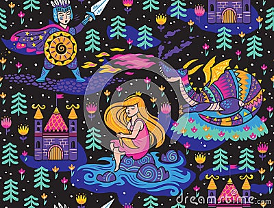 Princess seamless pattern for textile with castle. Magic fantasy background Vector Illustration