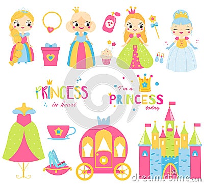 Princess set. Cute girls, Castle, dress, shoes and other fairy symbols for kids games and cards Vector Illustration