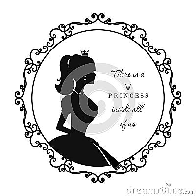 Princess silhouette in royal frame with sample text. For notebook cover, girl diary, scrapbook design. Isolated on white Vector Illustration