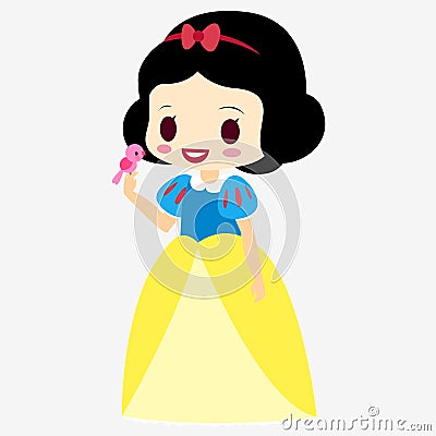 Princess Snow White. Doll . Fairy tale character. Girl in a dress. With little bird. Vector Illustration