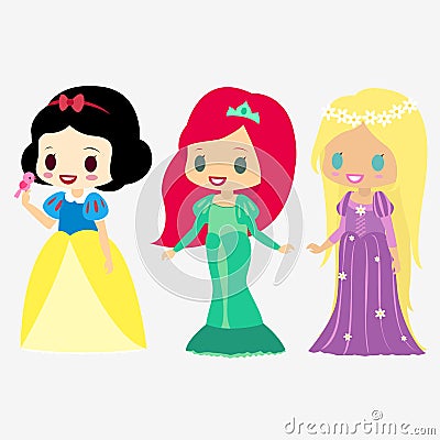 Princess Snow White. Mermaid. Long hair. Set with fashion girls. Beautiful fairytale characters. Vector Illustration