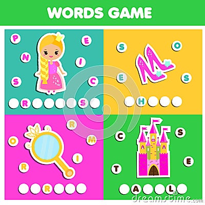 Princess theme word game for kids and toddlers. Educational children game Vector Illustration