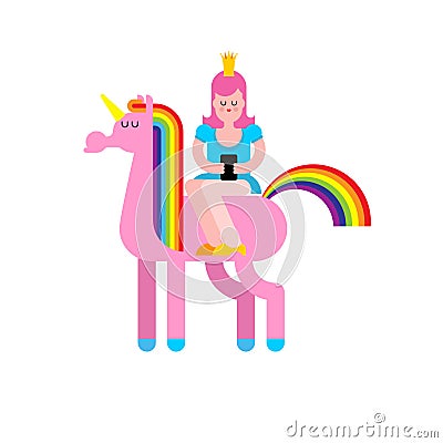 Princess on Unicorn and smartphone. Daughter of king on Fairy Ho Vector Illustration