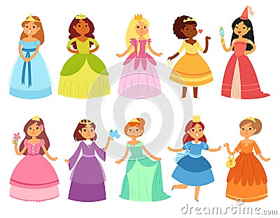 Princess vector little girl character in beautiful girlish dress with crown illustration fairy set of cartoon person and Vector Illustration