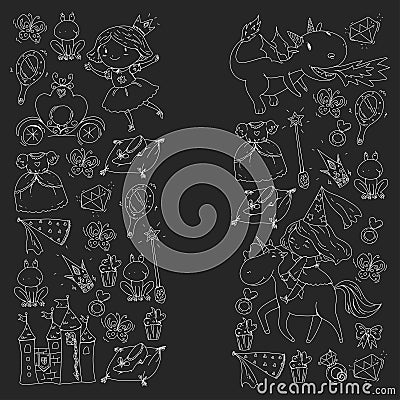 Princess vector patterns. Cute little princess with unicorn and dragon. Castle for little girl, dress, magic wand. Fairy Vector Illustration