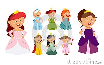 Princesses vector set cute collection of beautiful characters Vector Illustration