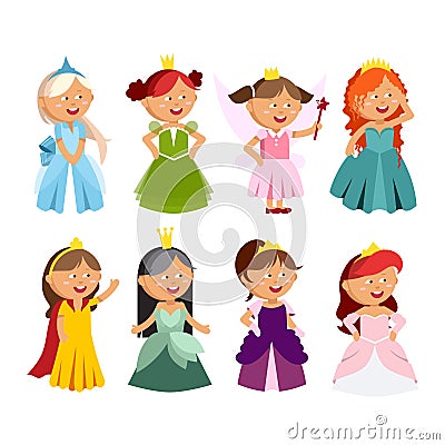 Princesses vector set cute collection of beautiful characters. Vector Illustration