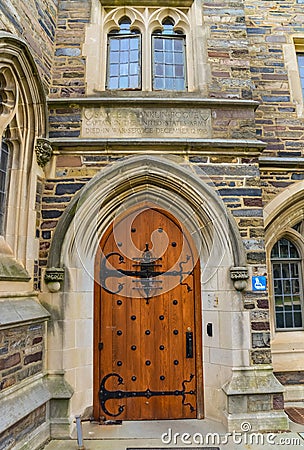 PRINCETON, USA - NOVENBER 12, 2019: a view of Foulke Hall at Princeton University. Wooden door and elements of architecture, Editorial Stock Photo