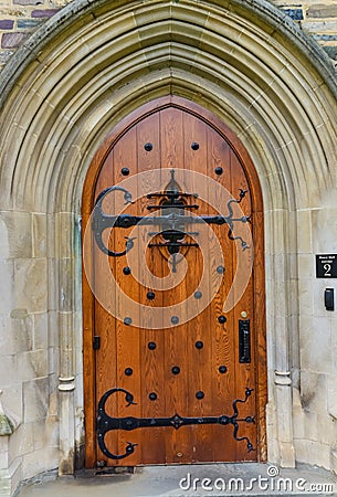 PRINCETON, USA - NOVENBER 12, 2019: a view of Foulke Hall at Princeton University. Wooden door and elements of architecture, Editorial Stock Photo