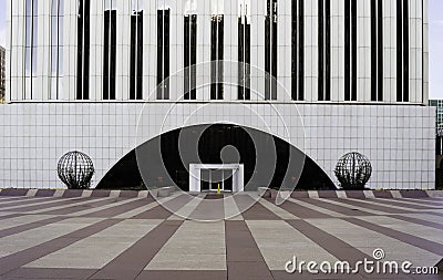 The principal entrance of Picasso Tower skyscraper, among top 10 tallest buildings in Madrid, Spain Stock Photo