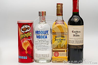 Pringles, Absolut Vodka, Jose Cuervo Tequila, Casillero del Diablo Wine Editorial Stock Photo